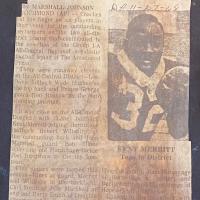 Newspaper clipping about Merritt being named the most outstanding back on the 1968 all-central football team.