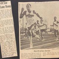 Newspaper clipping and photo from April 18, 1969; Merritt excels for Lane at track meet.