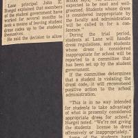 A Daily Progress article from April 30, 1970, about students at Lane taking over control of the school's dress code. The dress code student committee includes Merritt.