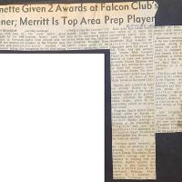 Newspaper clipping about Merritt being awarded the Robert Deane trophy for the top area high school football player.