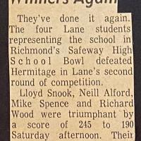 Newspaper clipping about Lane's Quiz Bowl team, including Snook, winning a match against Hermitage.
