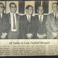 Newspaper photo of Tommy Theodose at the 1967 Lane Football Banquet with Willie Barnett, Joe Bingler, and others.